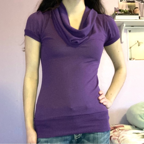 Y2k Active Basic dark purple long blouse with slouchy neck. - Picture 1 of 4